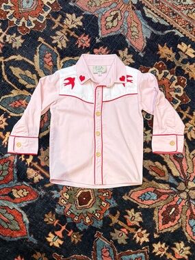 Girls' Pink Western Button-Down Shirt with Red Accent